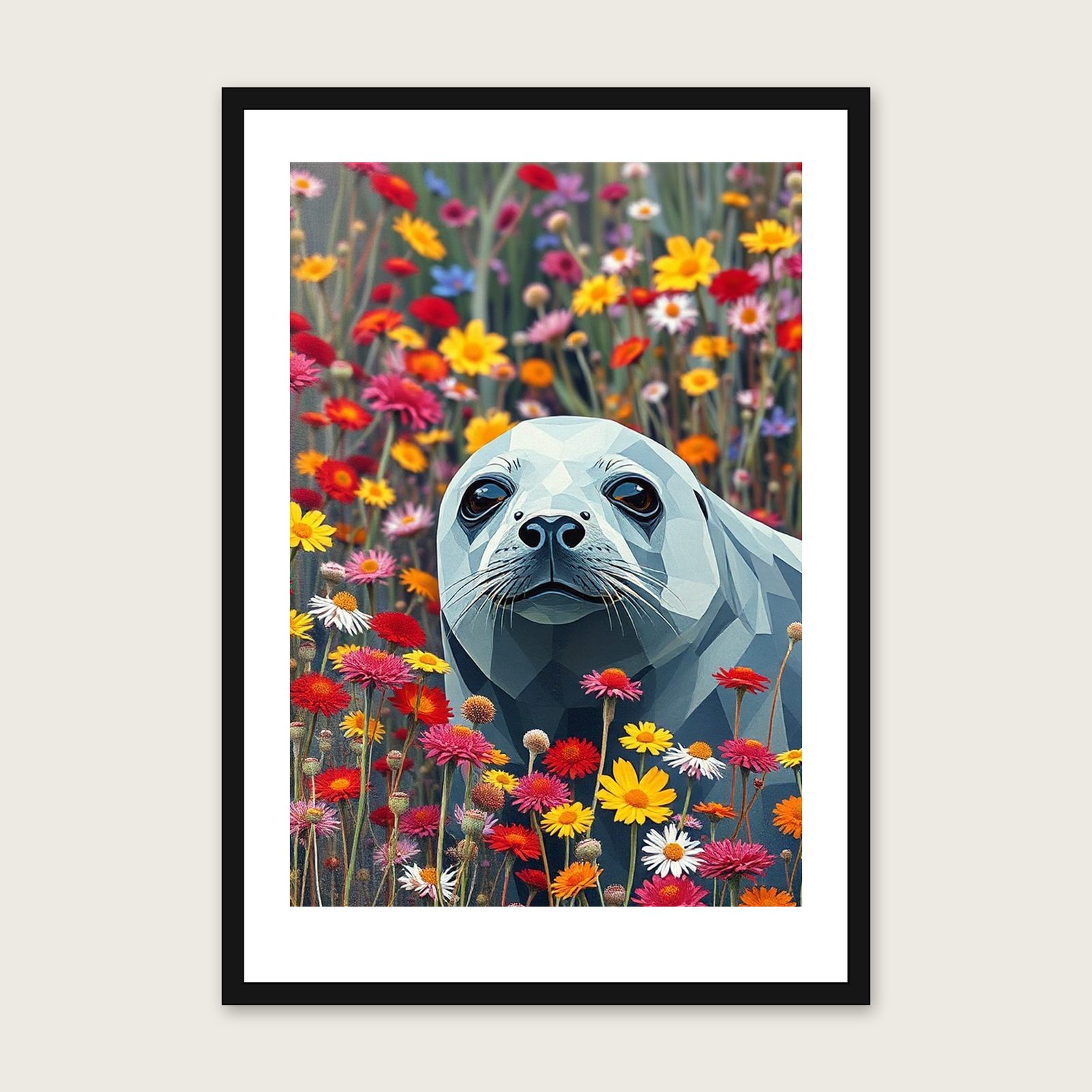 Grey Seal Animal Wall Art - Framed Colourful Palette Knife Print shown in a black frame