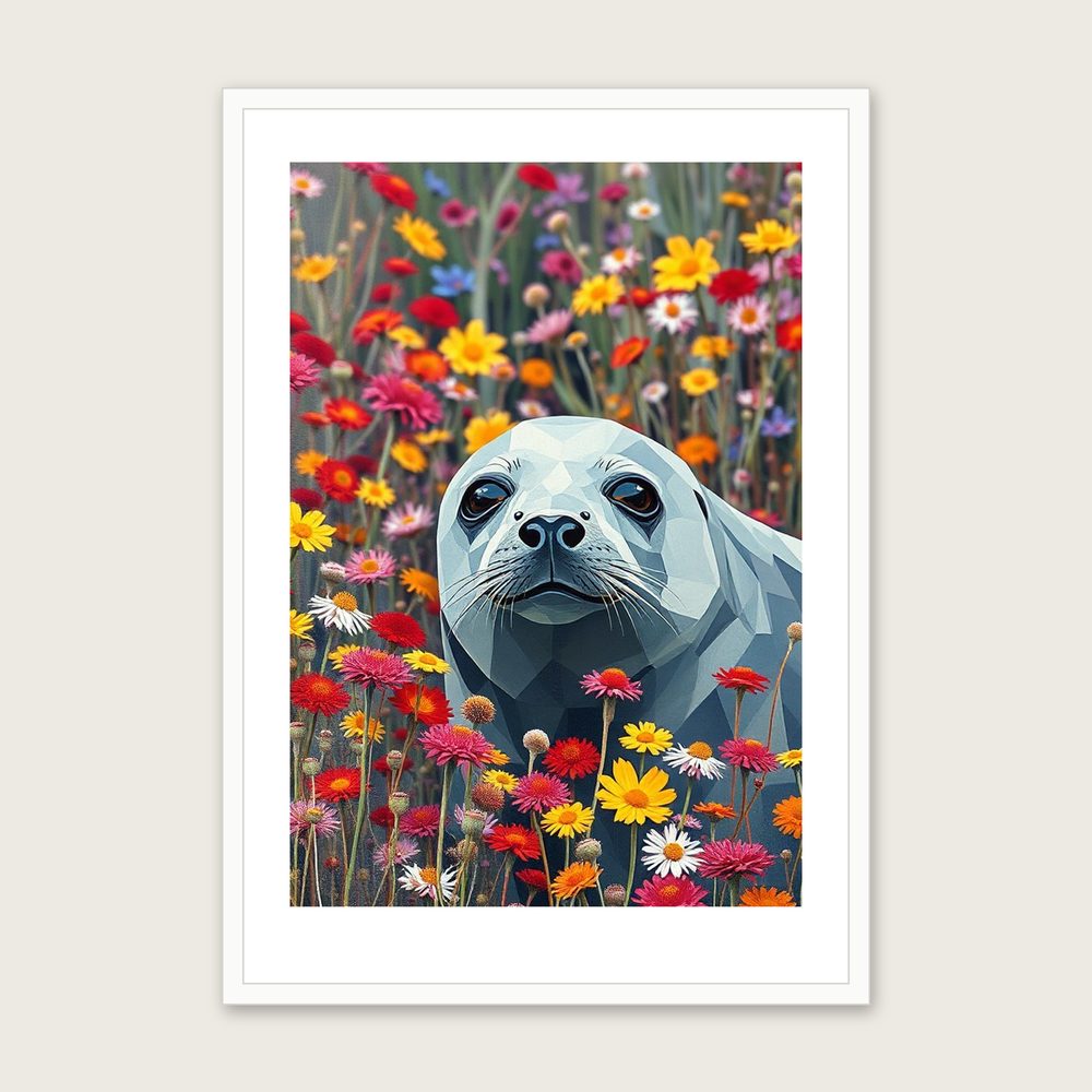 Grey Seal Animal Wall Art - Framed Colourful Palette Knife Print - White Frame, A3