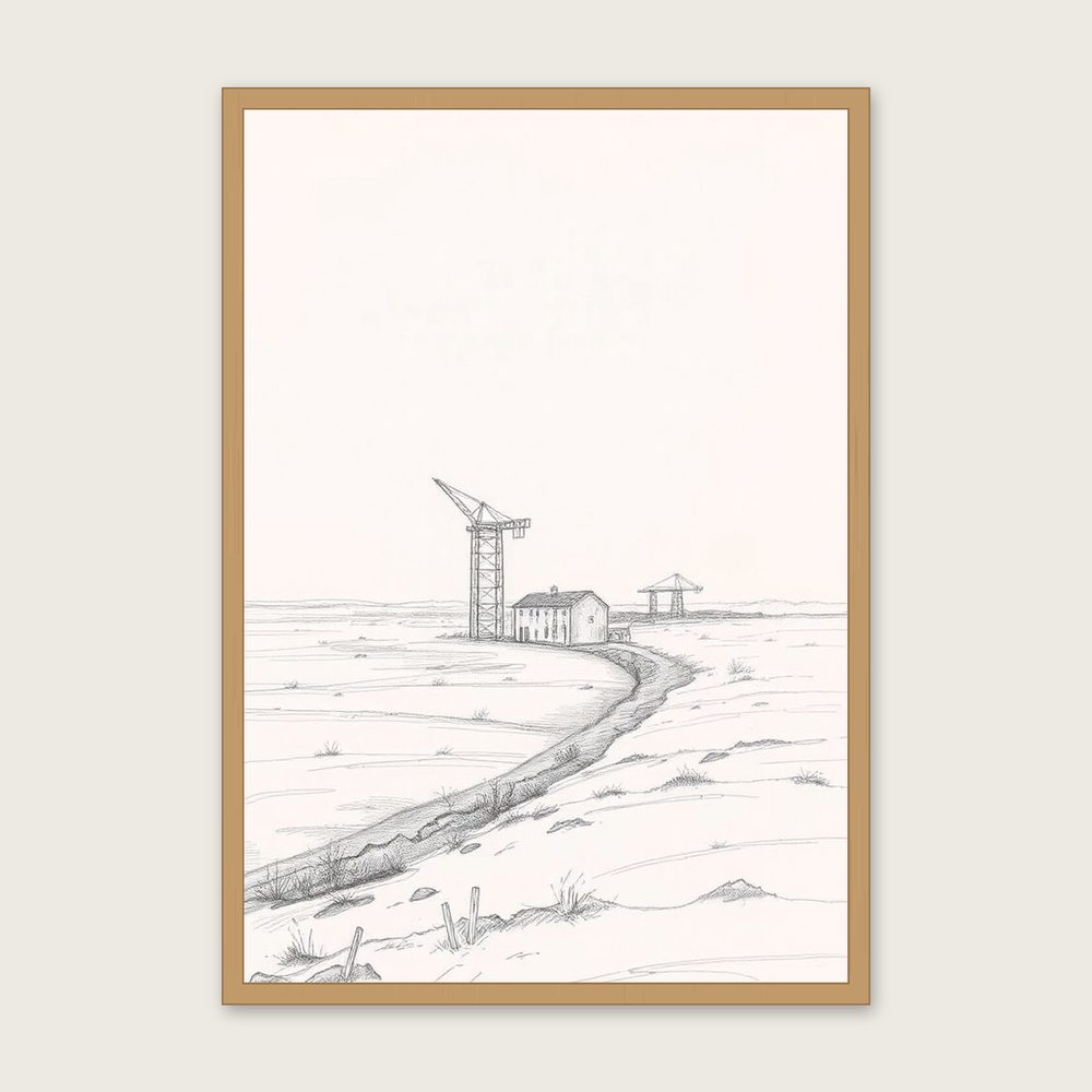 Framed Pencil Sketch Print of Hartland Quay - Neutral & Beige Landscape Wall Art in a oak frame