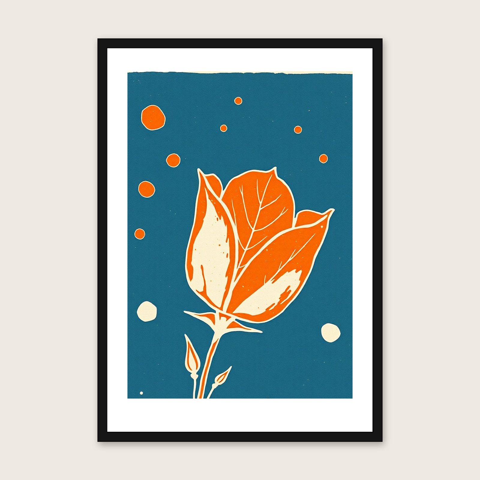 Rose Leaf and Thorn Linocut Wall Art - Framed Bold Colour Print shown in a black frame