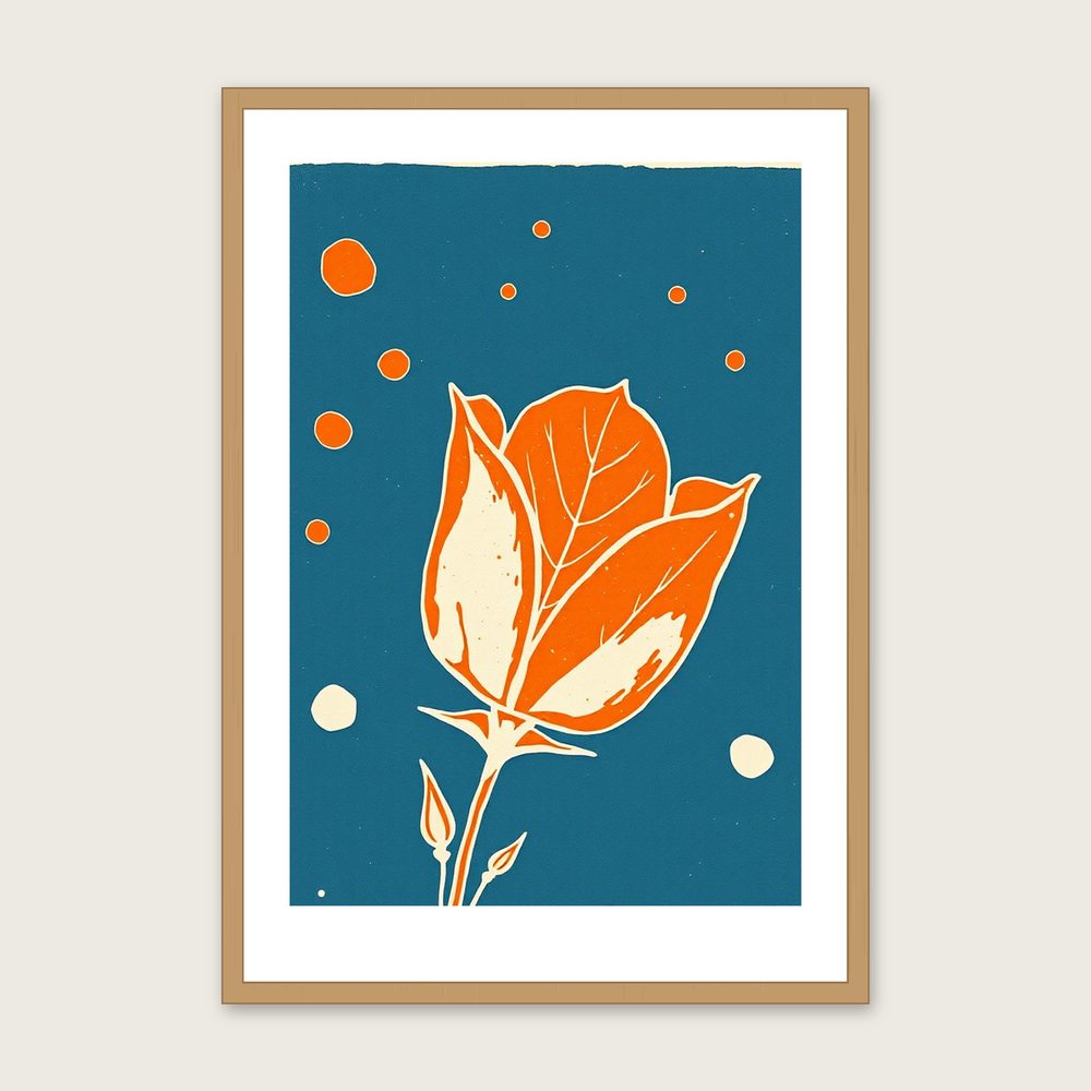 Rose Leaf and Thorn Linocut Wall Art - Framed Bold Colour Print - Oak Frame, A3