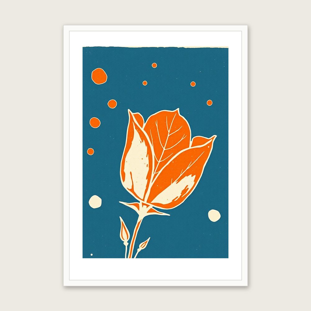 Rose Leaf and Thorn Linocut Wall Art - Framed Bold Colour Print - White Frame, A3