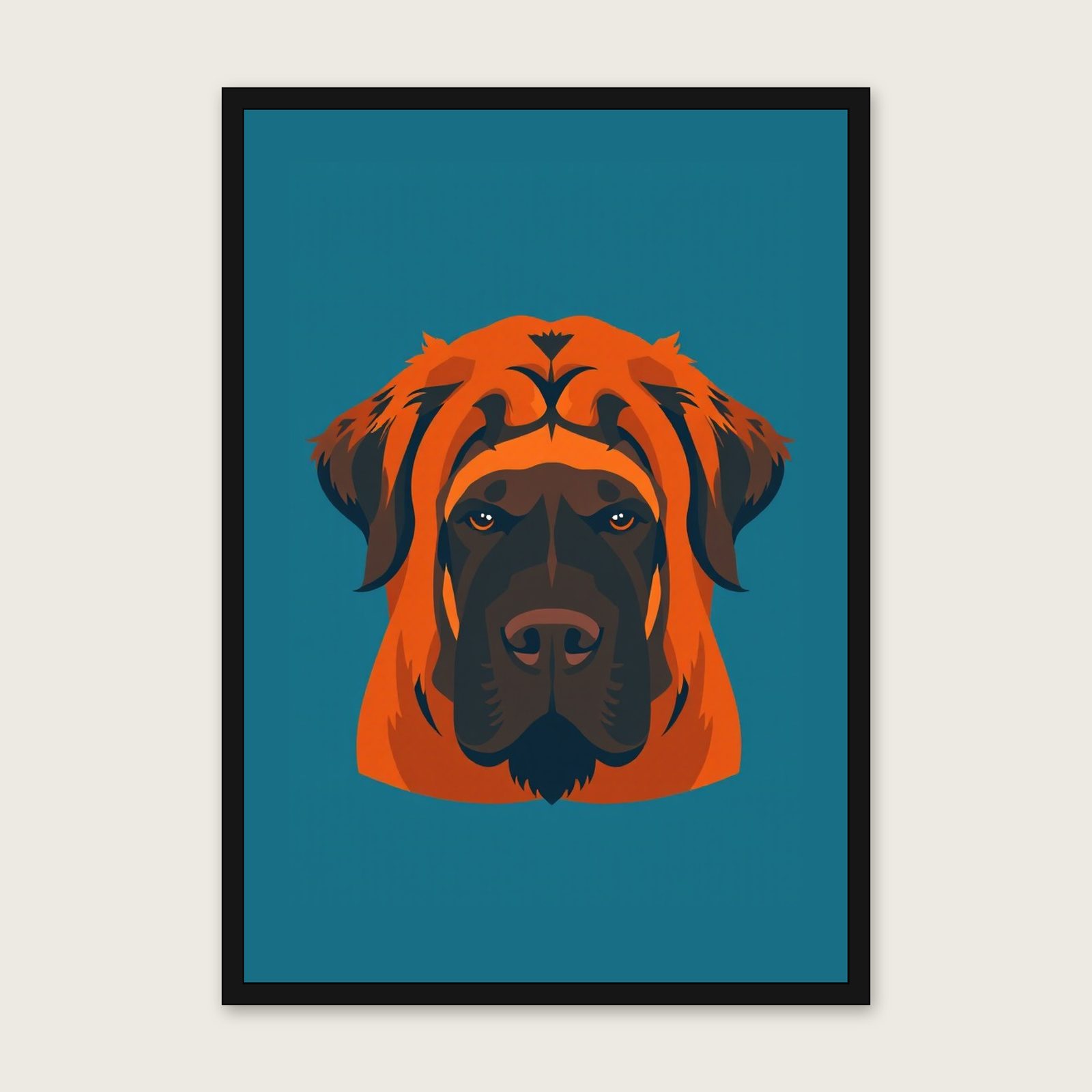 Framed Screen Print of Tibetan Mastiff - Bold Colour Animal Wall Art shown in a black frame