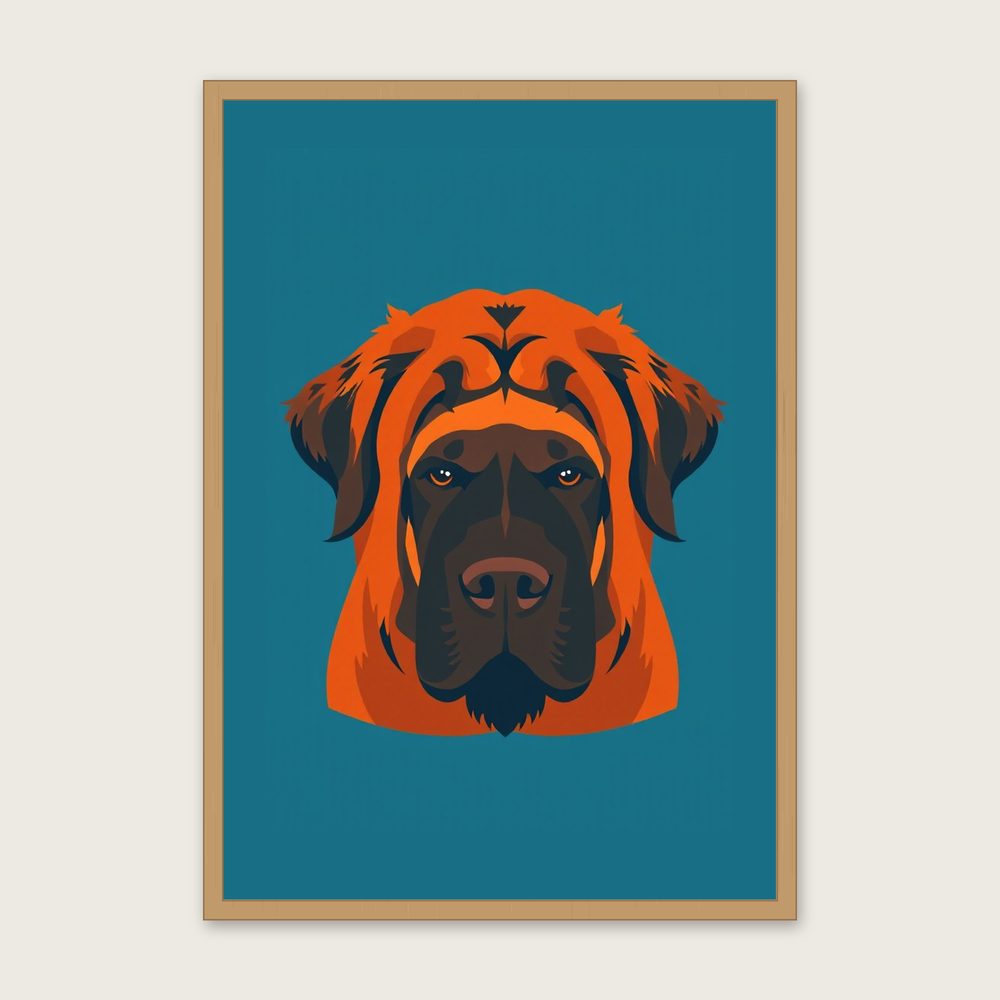Framed Screen Print of Tibetan Mastiff - Bold Colour Animal Wall Art - Oak Frame, A3