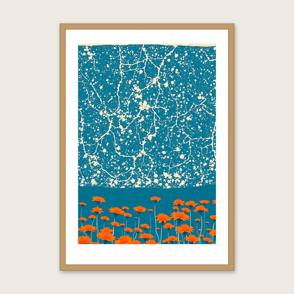 Scabious Field Linocut Print - Framed Bold Colour Botanical Wall Art - Oak Frame, A3