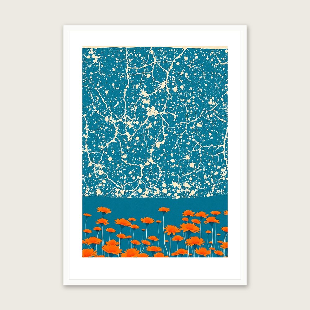 Scabious Field Linocut Print - Framed Bold Colour Botanical Wall Art - White Frame, A3
