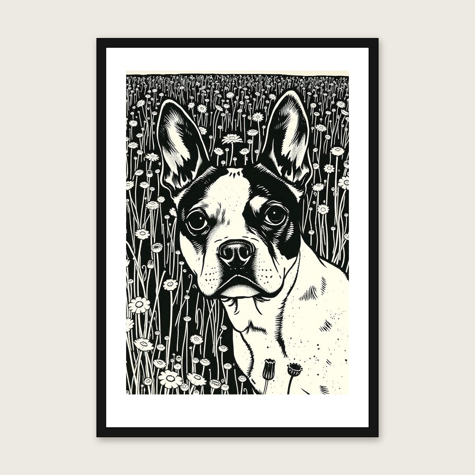 Boston Terrier - Framed Linocut Animal Print in Two Tone shown in a black frame