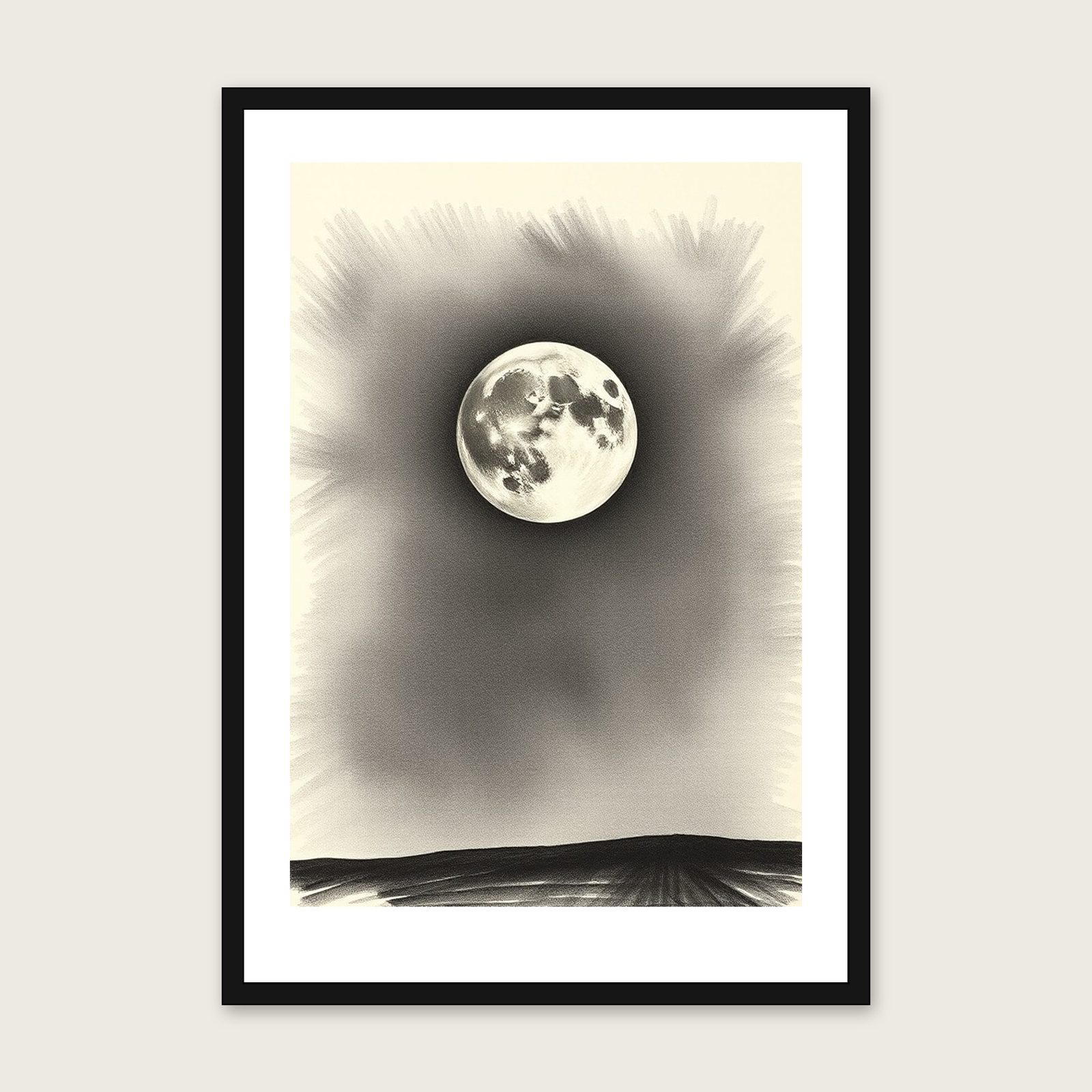 A Sturgeon Moon in August - Framed Charcoal Celestial Print in Black & White shown in a black frame