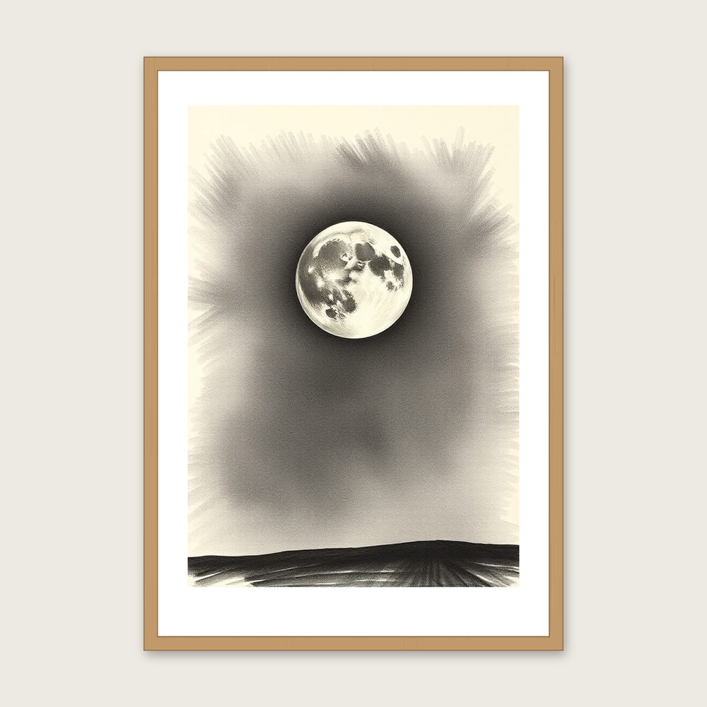 A Sturgeon Moon in August - Framed Charcoal Celestial Print in Black & White - Oak Frame, A3