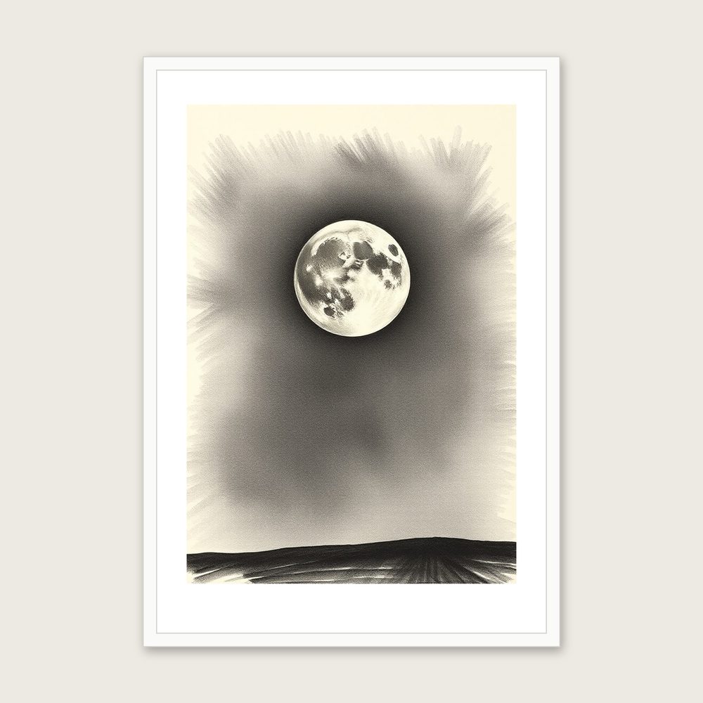A Sturgeon Moon in August - Framed Charcoal Celestial Print in Black & White - White Frame, A3