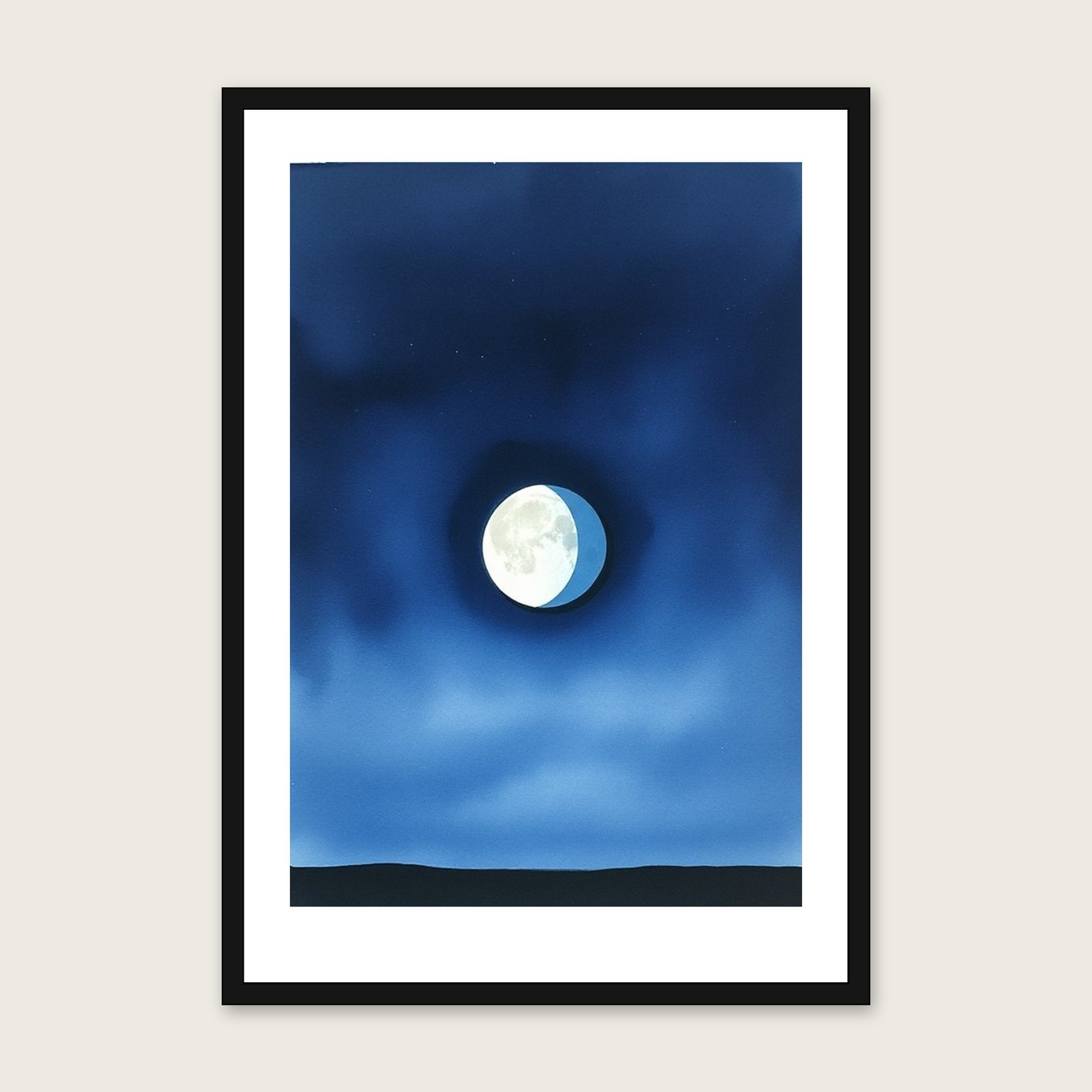 A Last Quarter Moon Watercolour Print - Framed Two Tone Celestial Wall Art shown in a black frame