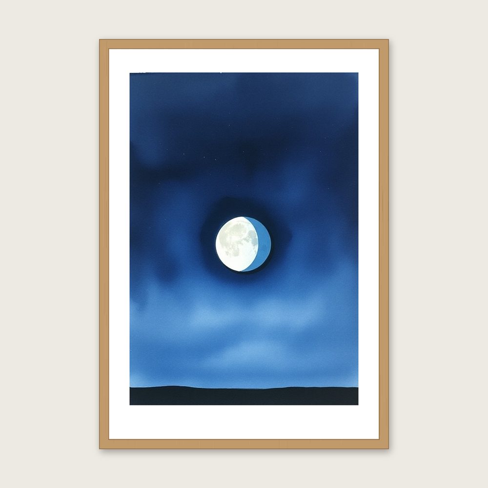 A Last Quarter Moon Watercolour Print - Framed Two Tone Celestial Wall Art in a oak frame