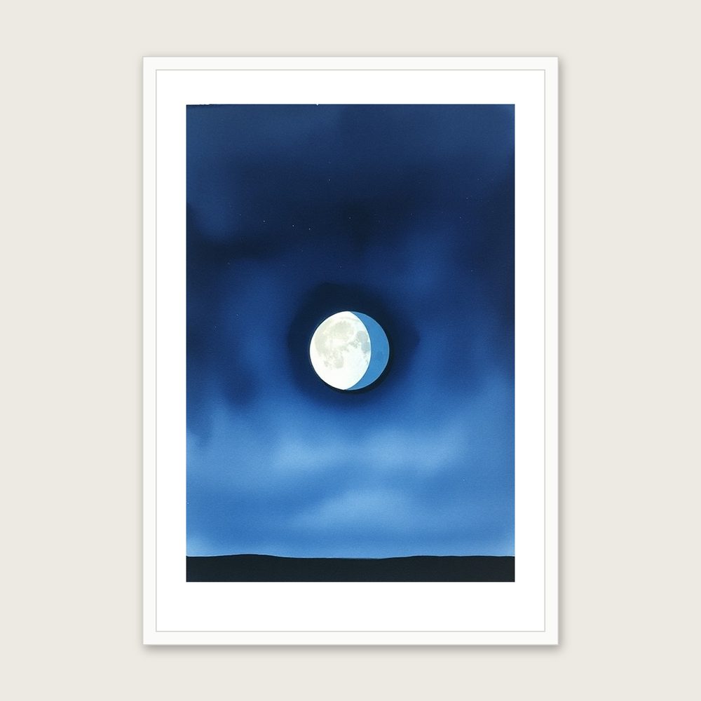 A Last Quarter Moon Watercolour Print - Framed Two Tone Celestial Wall Art - White Frame, A3