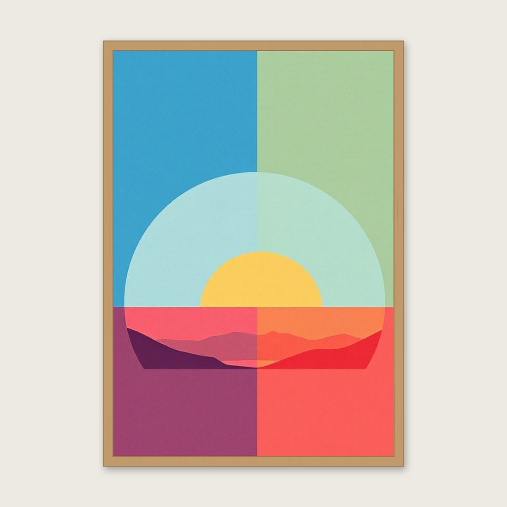Loch Awe Landscape Wall Art - Framed Colourful Riso Print in a oak frame