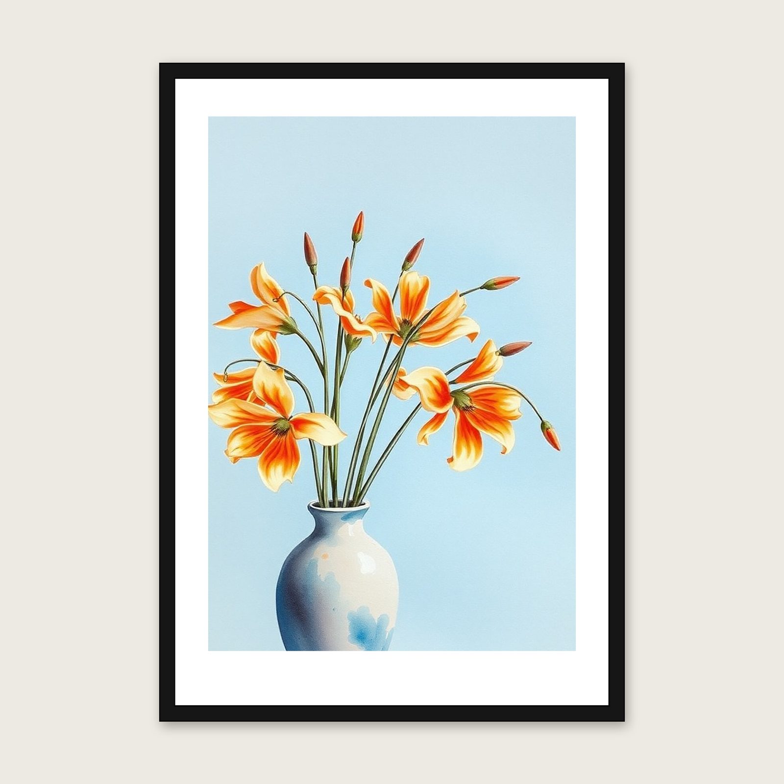 Dierama Angel's Fishing Rod Watercolour Print - Framed Bold Colour Botanical Wall Art shown in a black frame