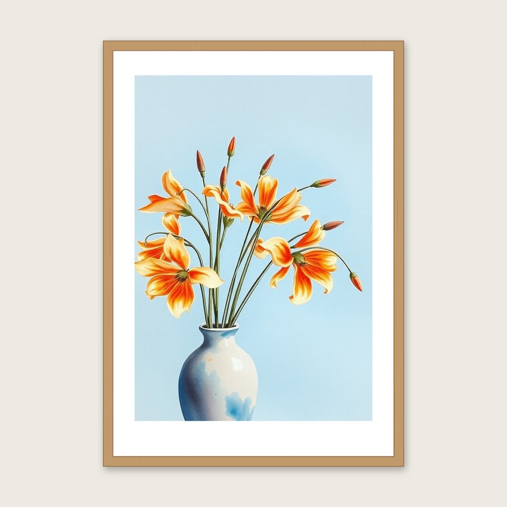Dierama Angel's Fishing Rod Watercolour Print - Framed Bold Colour Botanical Wall Art in a oak frame