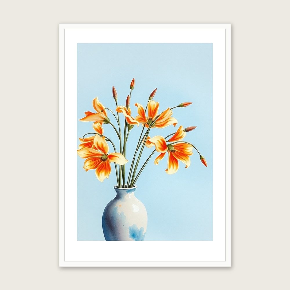 Dierama Angel's Fishing Rod Watercolour Print - Framed Bold Colour Botanical Wall Art in a white frame