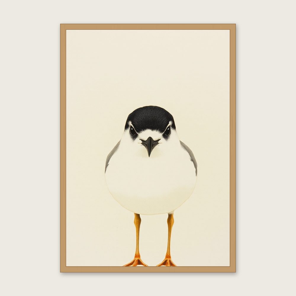 Framed Monotype Print of Little Tern - Neutral & Beige Animal Wall Art in a oak frame