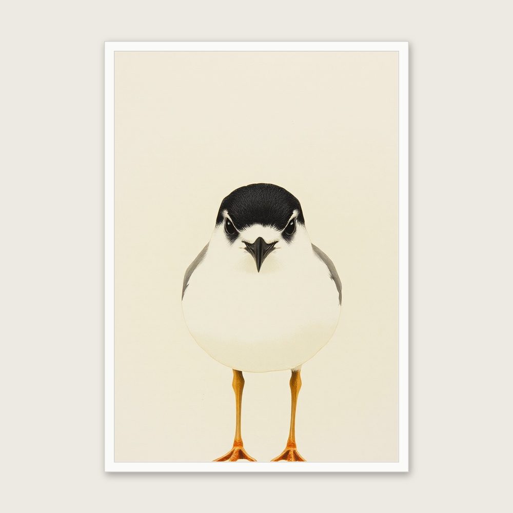 Framed Monotype Print of Little Tern - Neutral & Beige Animal Wall Art in a white frame