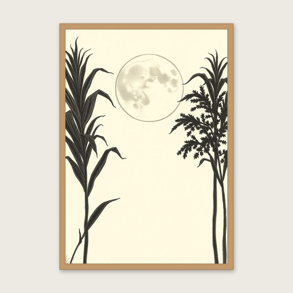 A Corn Moon in September Pencil Sketch Wall Art - Framed Neutral & Beige Print - Oak Frame, A3