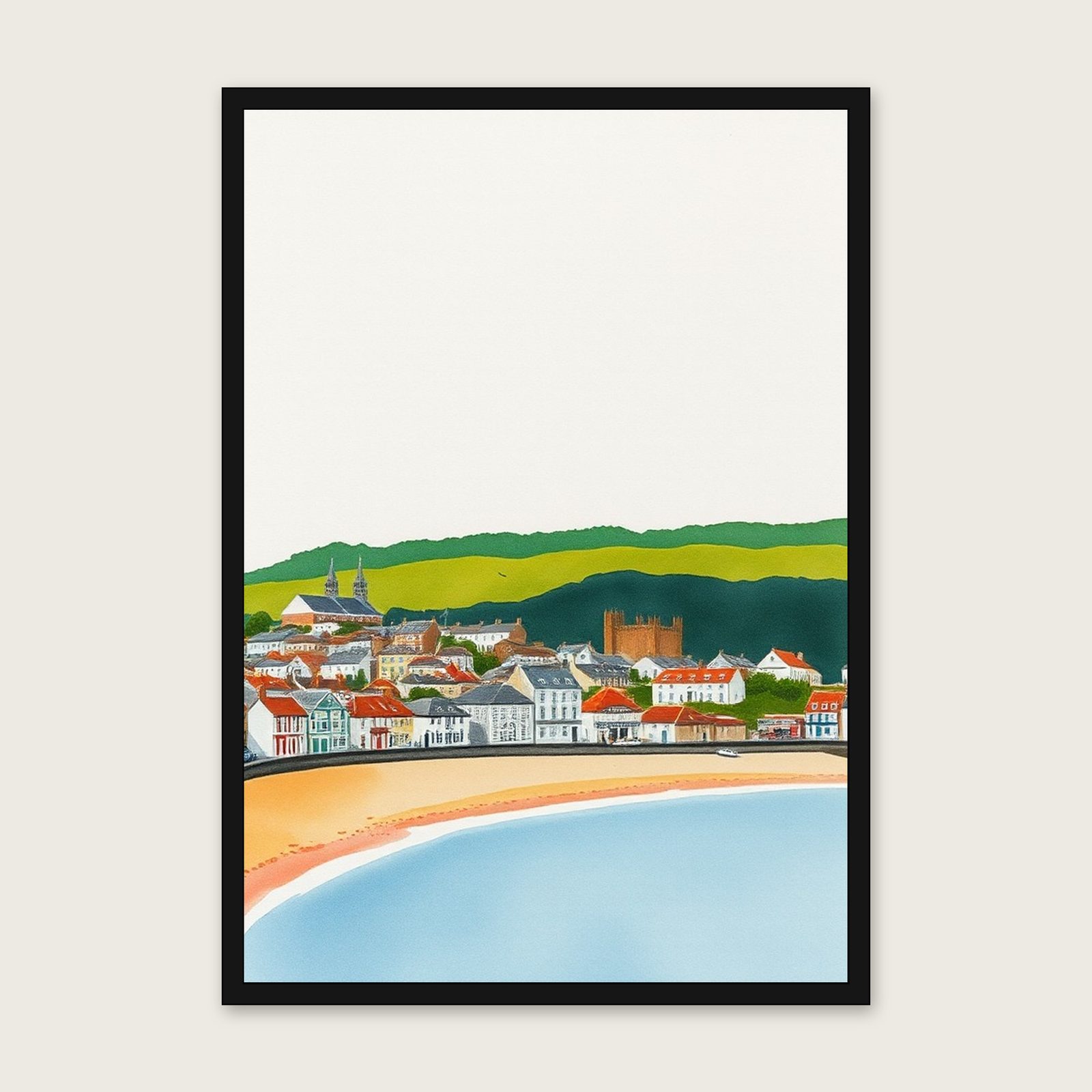 Holywell Bay Watercolour Wall Art - Framed Two Tone Print shown in a black frame