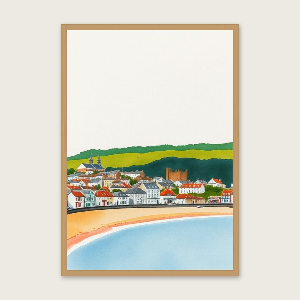 Holywell Bay Watercolour Wall Art - Framed Two Tone Print in a oak frame