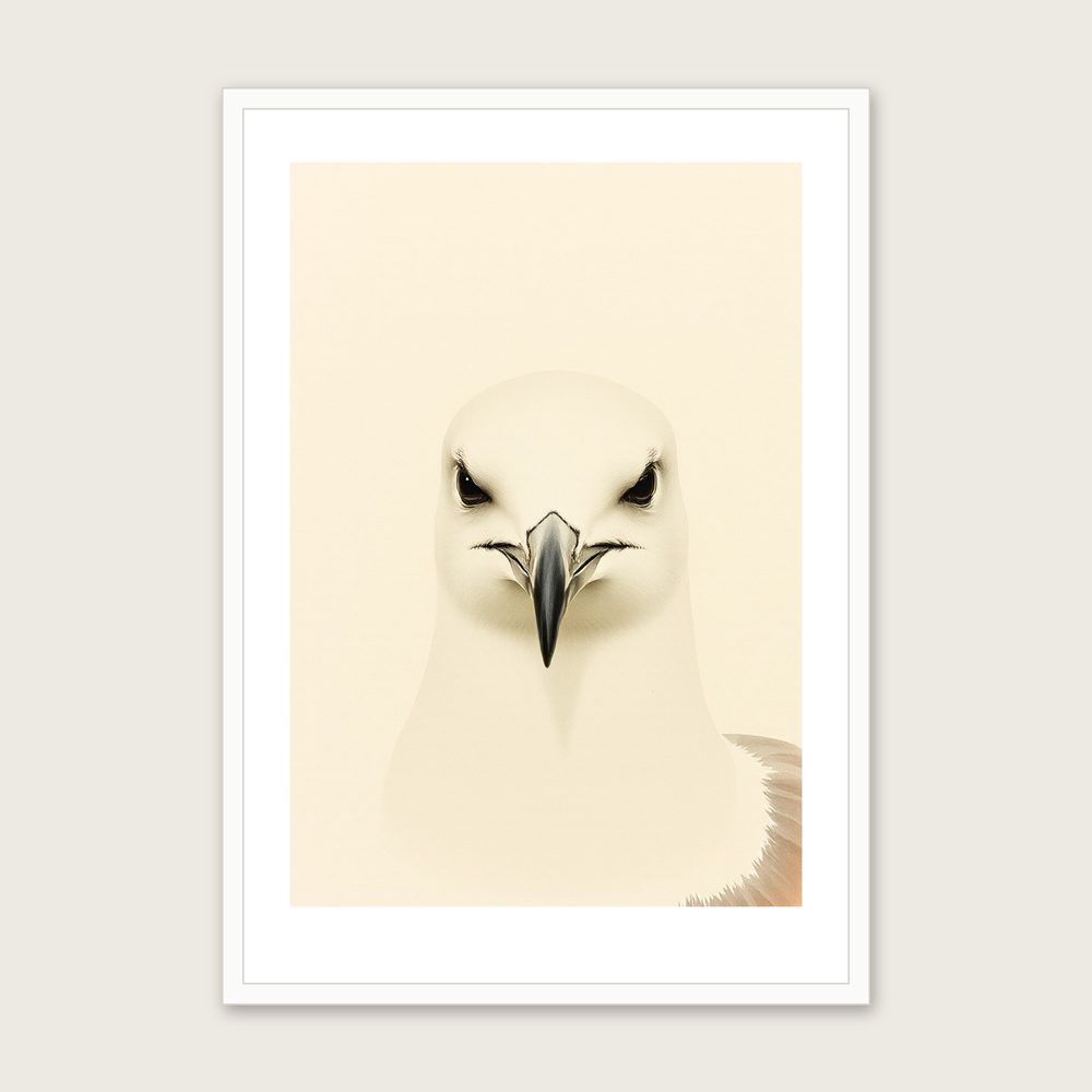 Herring Gull Monotype Wall Art - Framed Neutral & Beige Print in a white frame