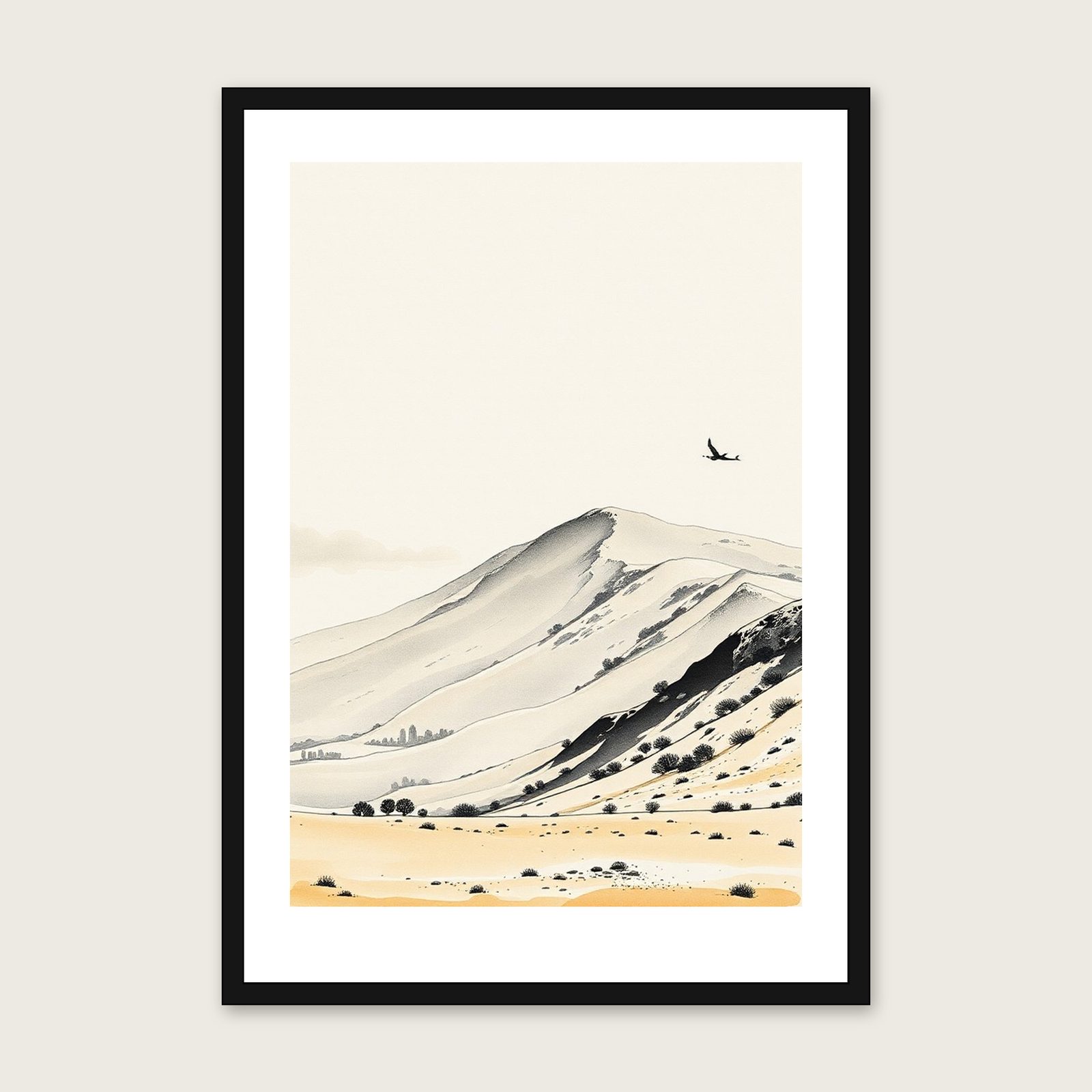 The Brecon Beacons Ink Wash Wall Art - Framed Neutral & Beige Print shown in a black frame