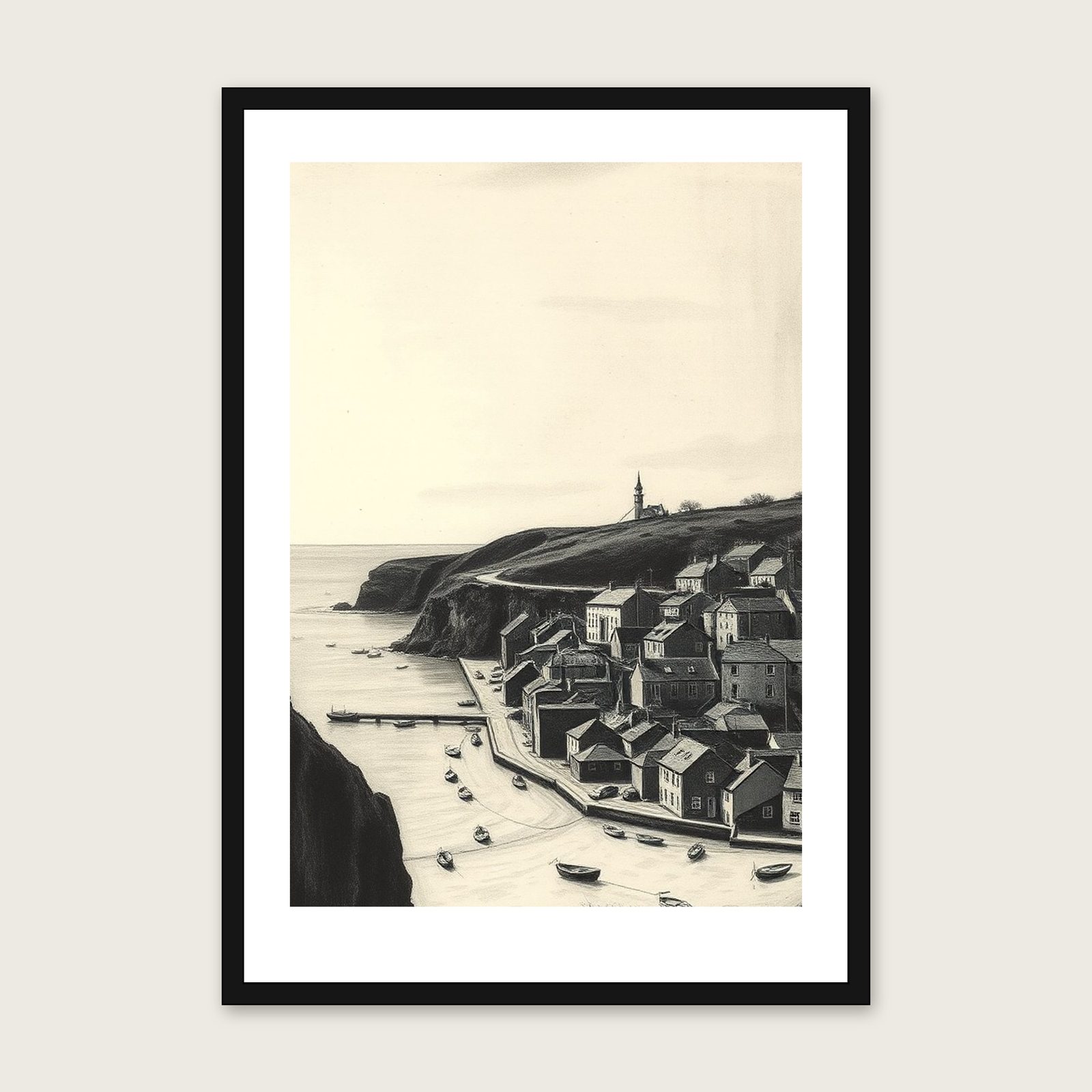 Framed Charcoal Print of Lizard Point - Black & White Landscape Wall Art shown in a black frame