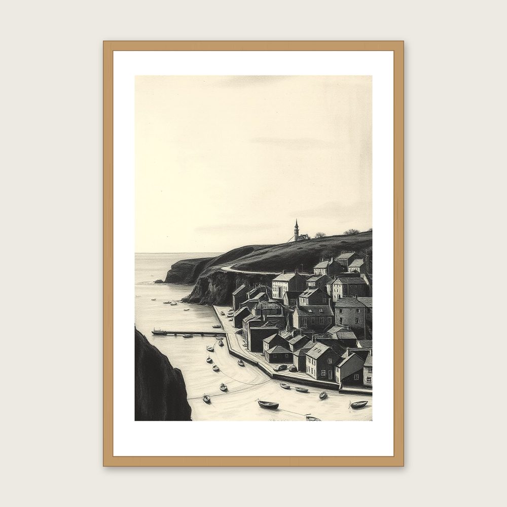 Framed Charcoal Print of Lizard Point - Black & White Landscape Wall Art in a oak frame