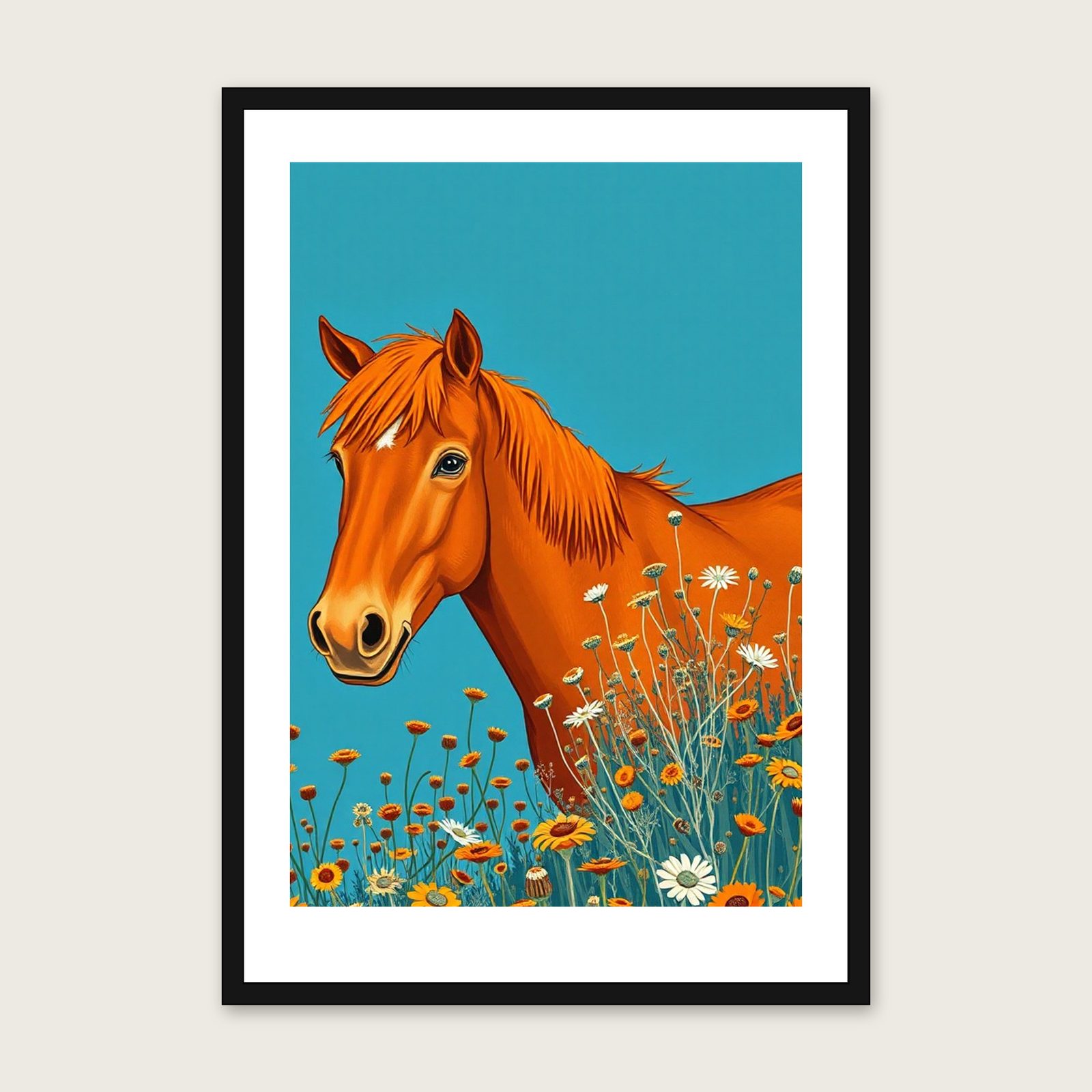 Welsh Mountain Pony Gouache Print - Framed Bold Colour Animal Wall Art shown in a black frame