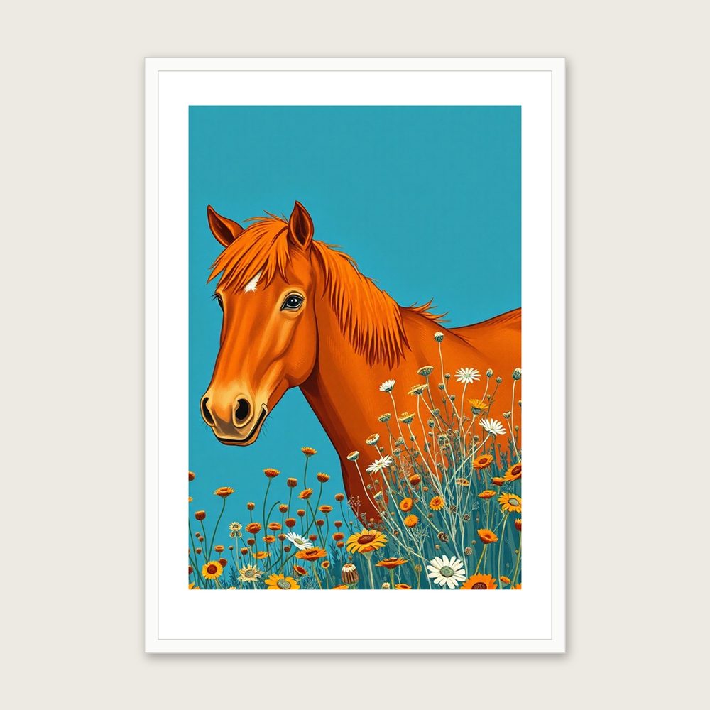 Welsh Mountain Pony Gouache Print - Framed Bold Colour Animal Wall Art in a white frame