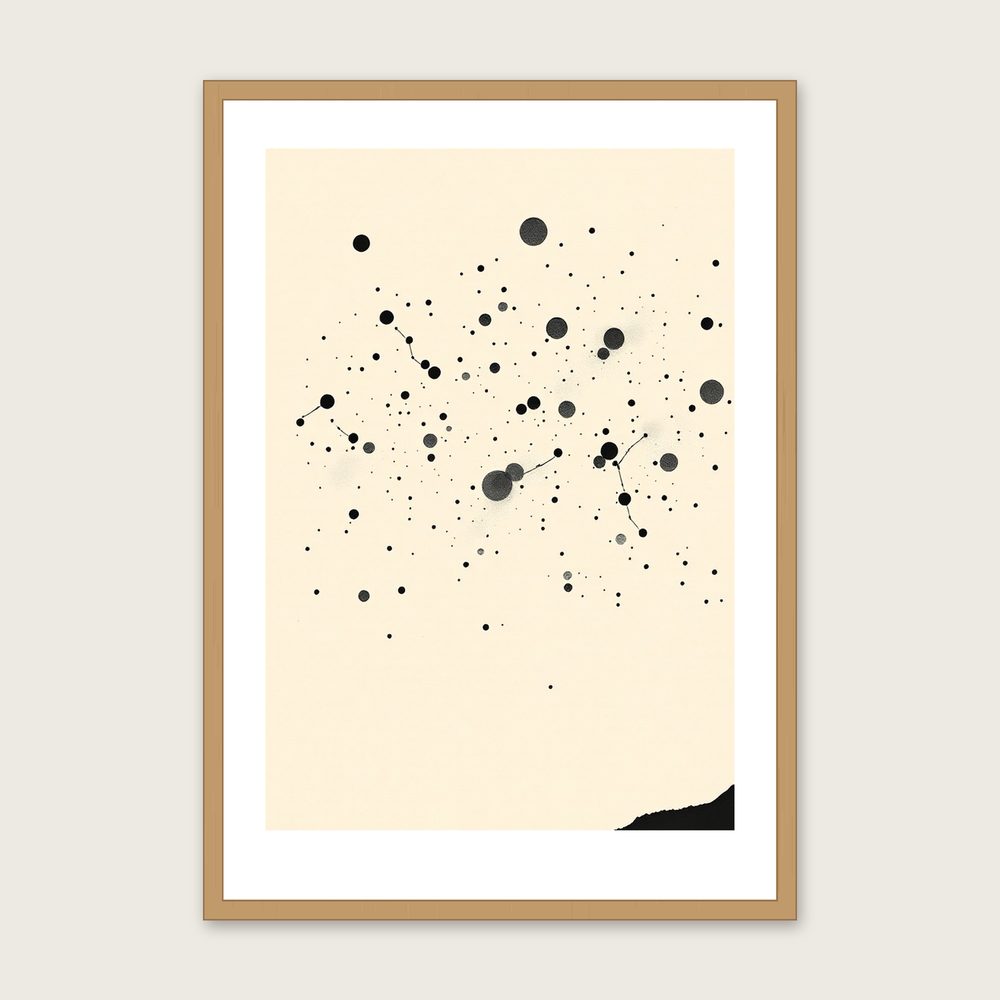 Framed Ink Wash Print of The Constellation Carina - Black & White Celestial Wall Art in a oak frame