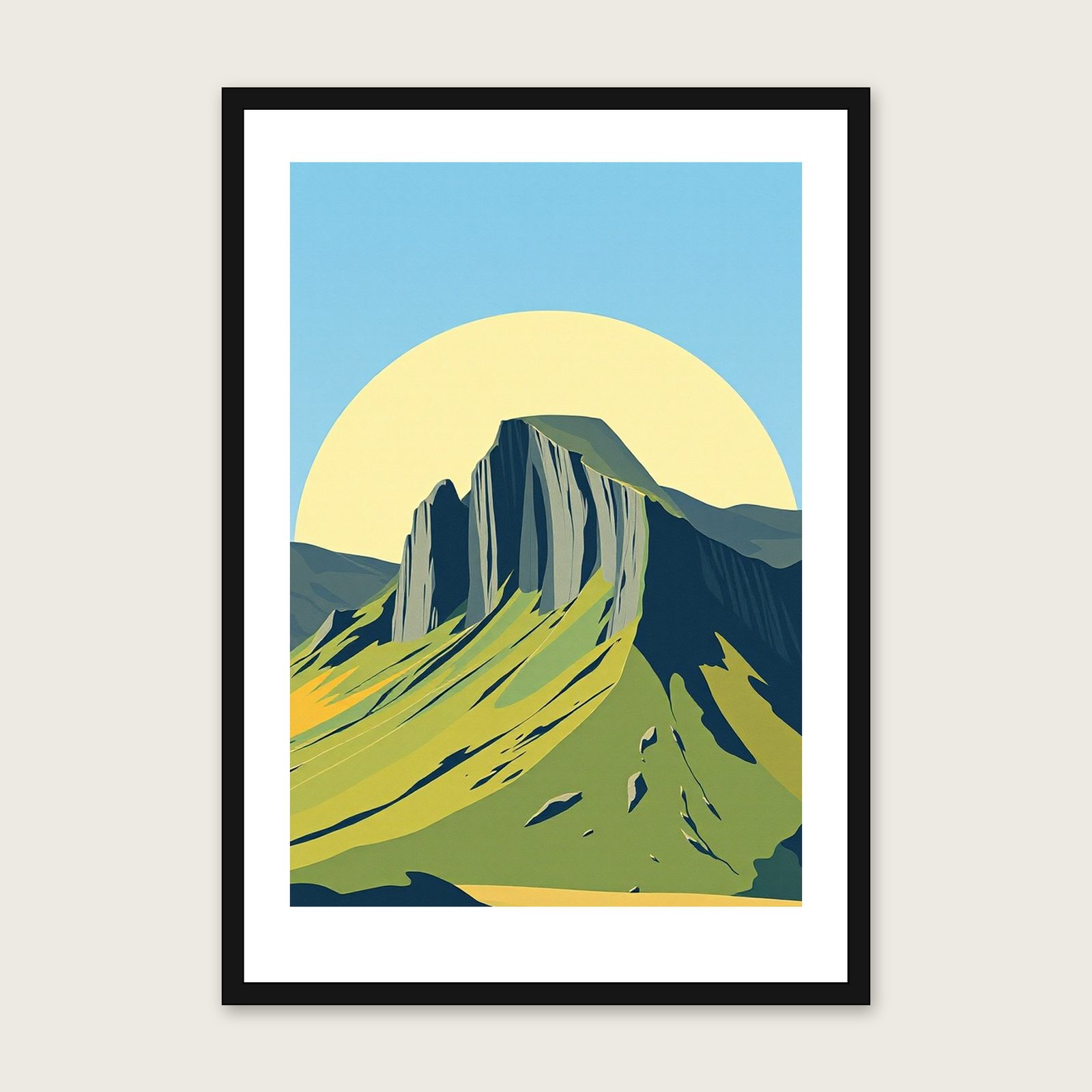 Great Gable Gouache Print - Framed Two Tone Landscape Wall Art shown in a black frame