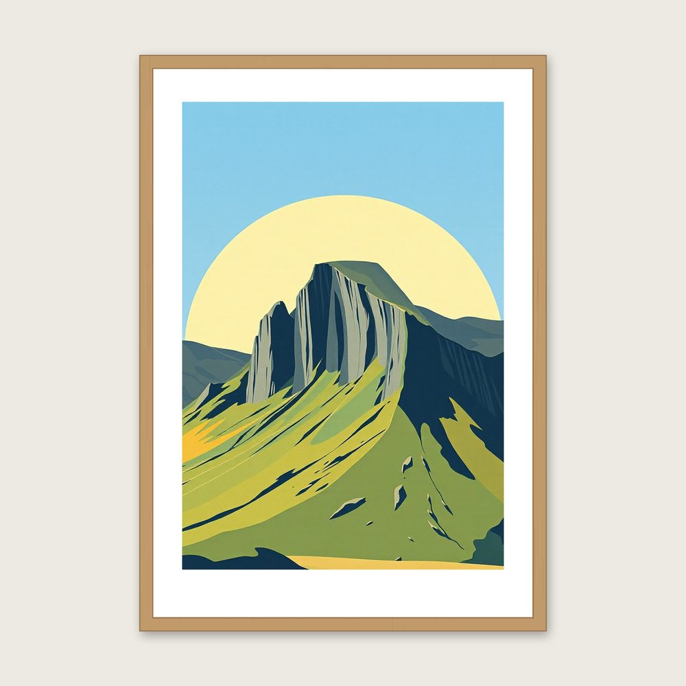 Great Gable Gouache Print - Framed Two Tone Landscape Wall Art in a oak frame