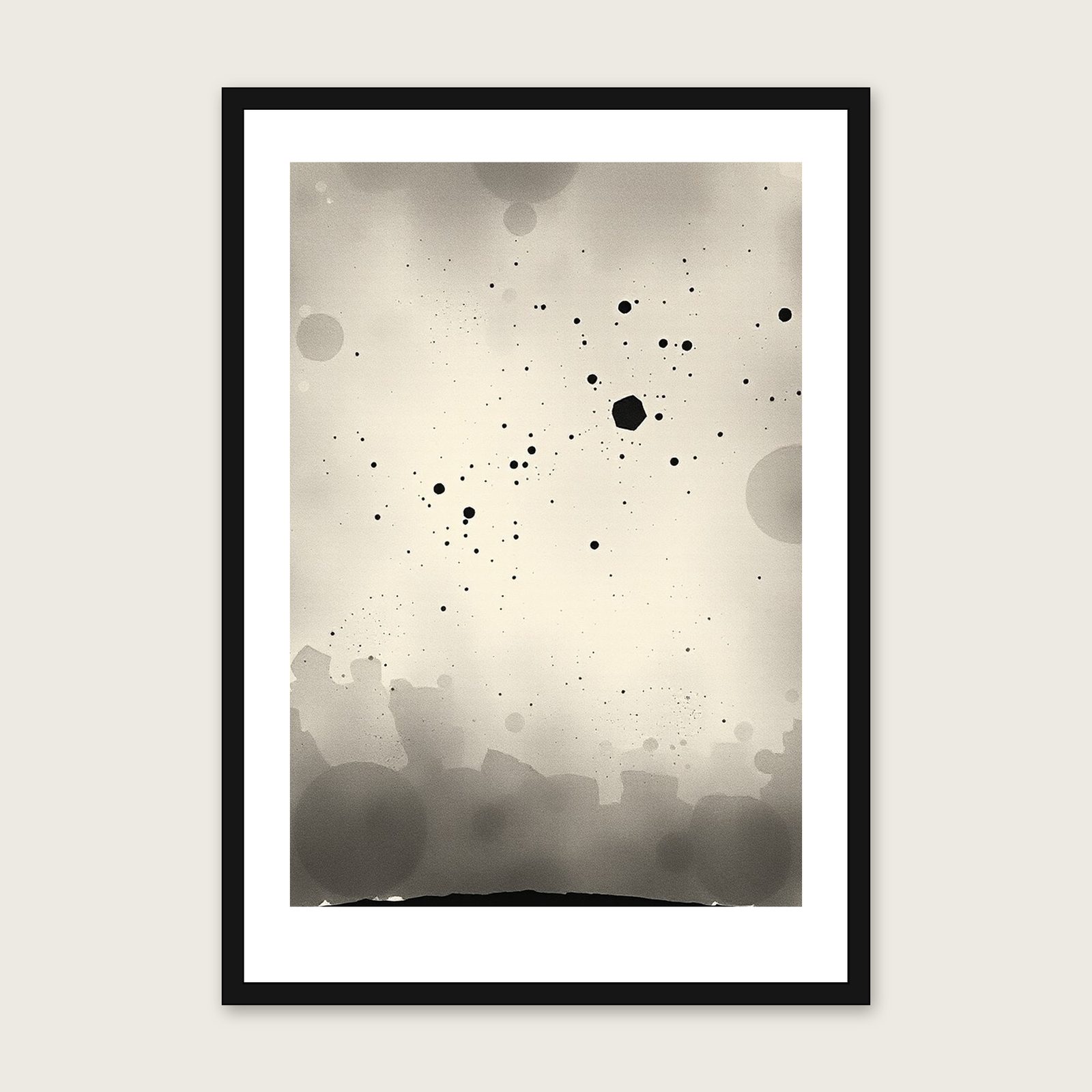 The Winter Hexagon - Framed Ink Wash Celestial Print in Black & White shown in a black frame