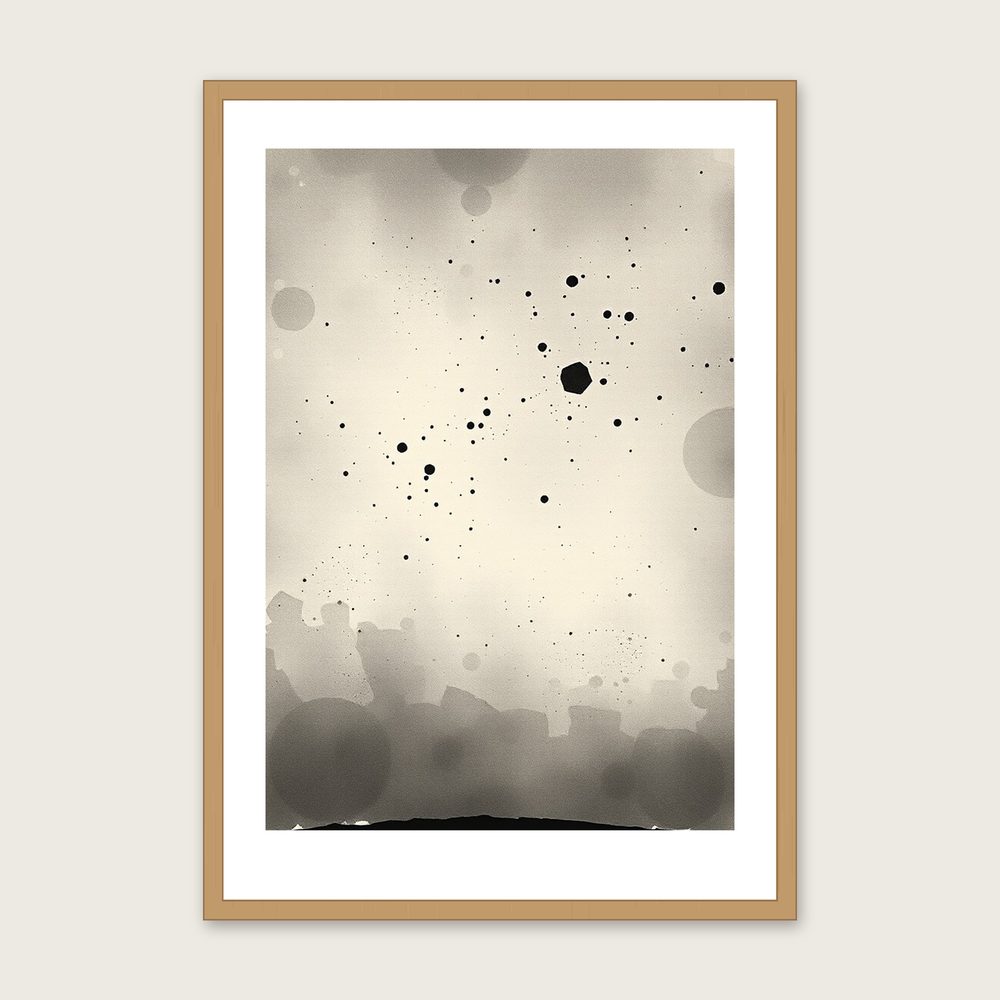 The Winter Hexagon - Framed Ink Wash Celestial Print in Black & White in a oak frame