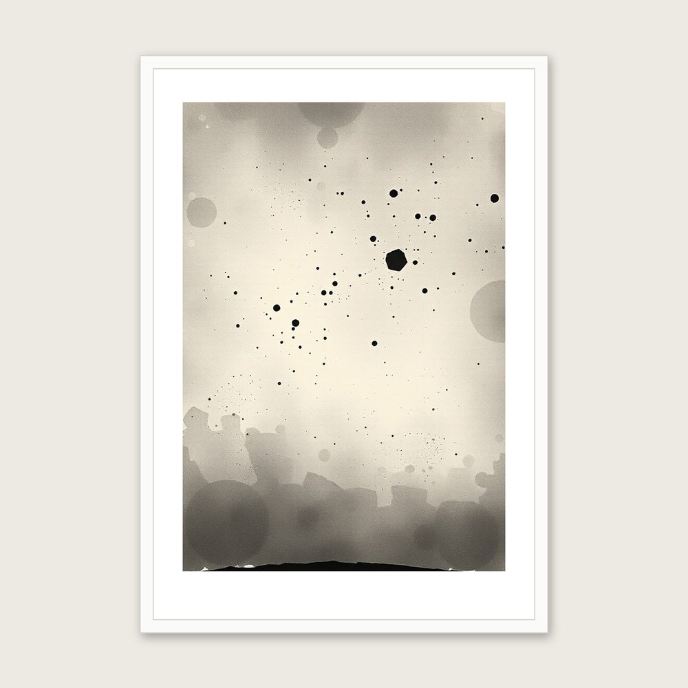 The Winter Hexagon - Framed Ink Wash Celestial Print in Black & White in a white frame