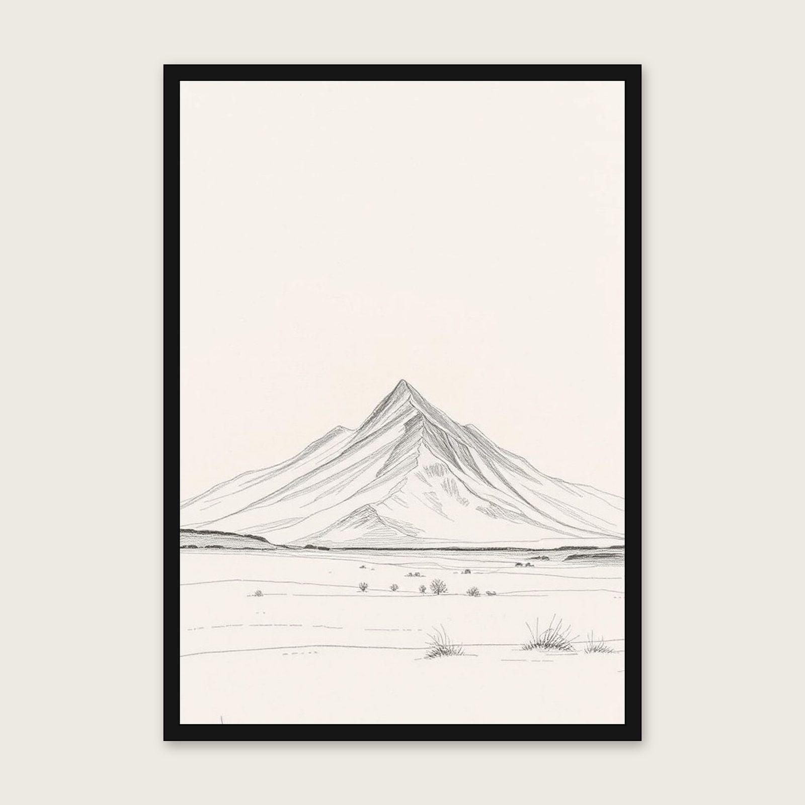 Snowdon Pencil Sketch Wall Art - Framed Neutral & Beige Print shown in a black frame