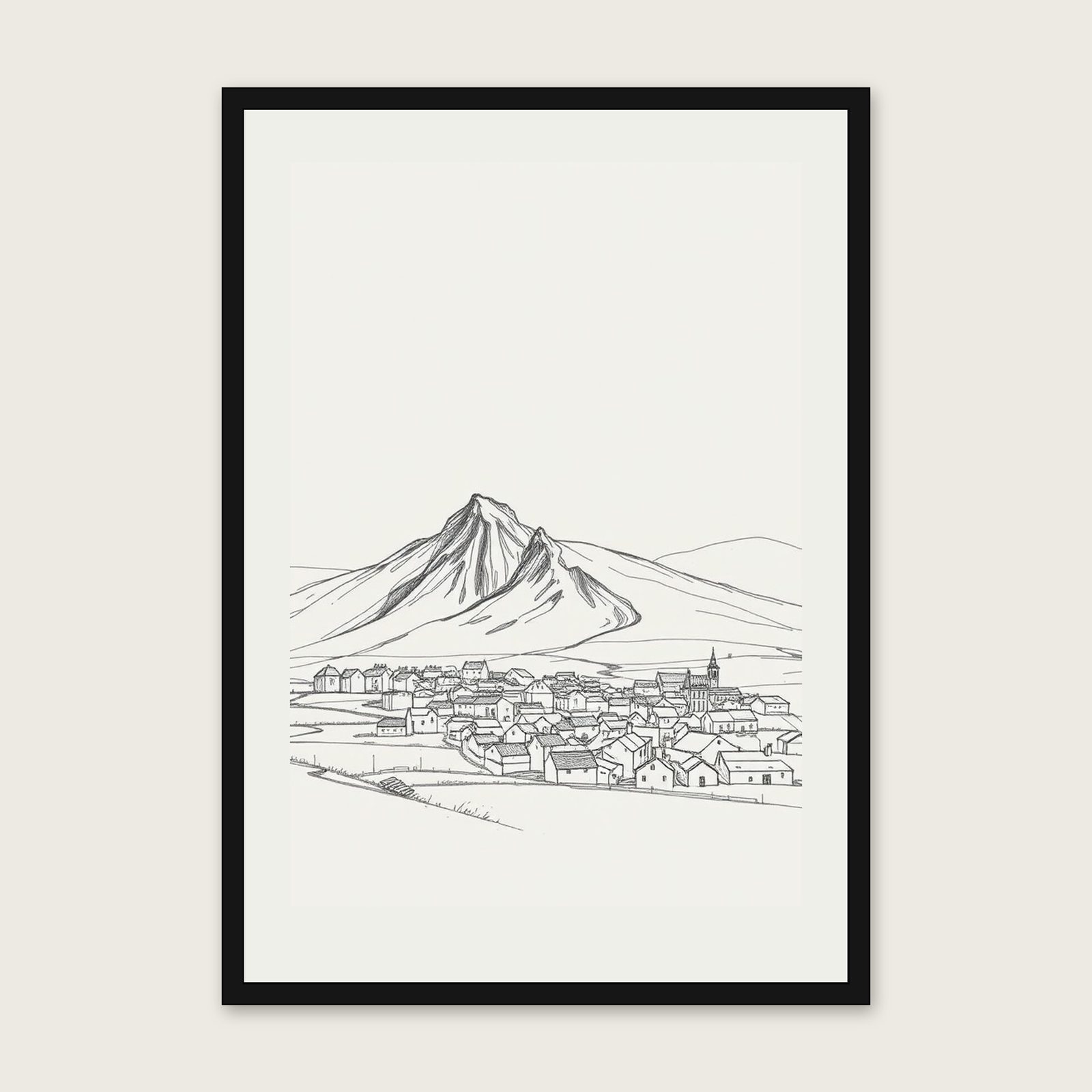 Crib Goch Pencil Sketch Print - Framed Neutral & Beige Landscape Wall Art shown in a black frame
