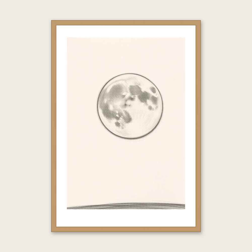 A Supermoon - Framed Pencil Sketch Celestial Print in Neutral & Beige in a oak frame