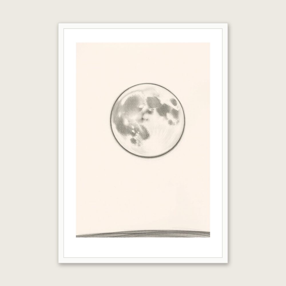 A Supermoon - Framed Pencil Sketch Celestial Print in Neutral & Beige in a white frame