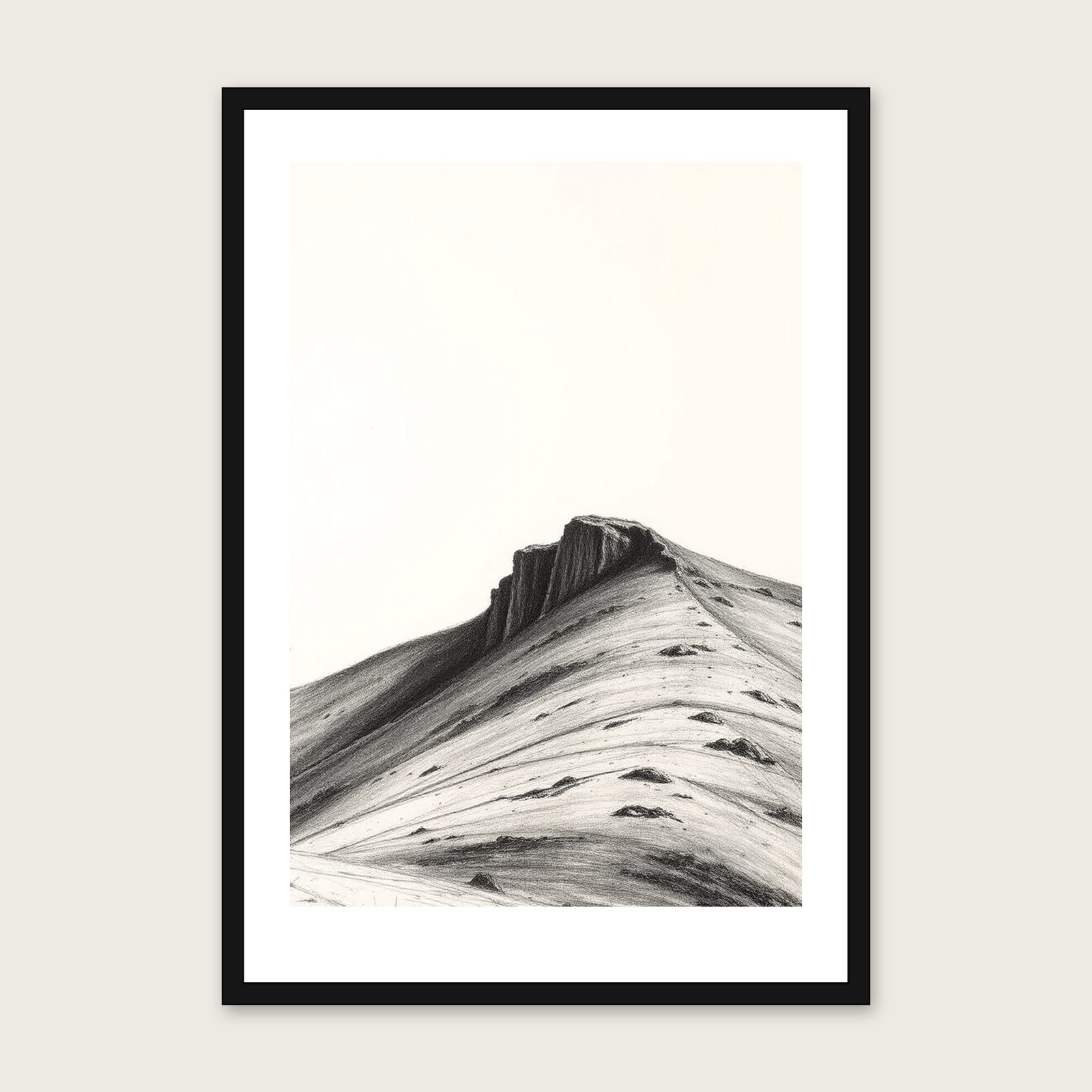 The South Downs Charcoal Print - Framed Black & White Landscape Wall Art shown in a black frame