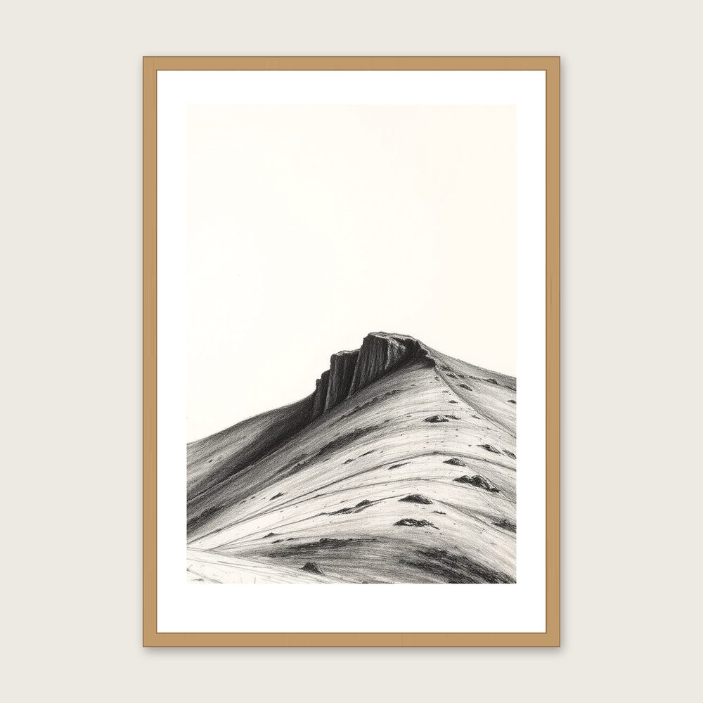The South Downs Charcoal Print - Framed Black & White Landscape Wall Art - Oak Frame, A3