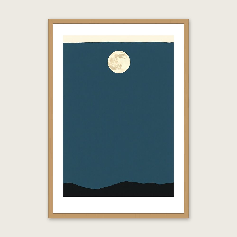 A New Moon Gouache Print - Framed Two Tone Celestial Wall Art in a oak frame