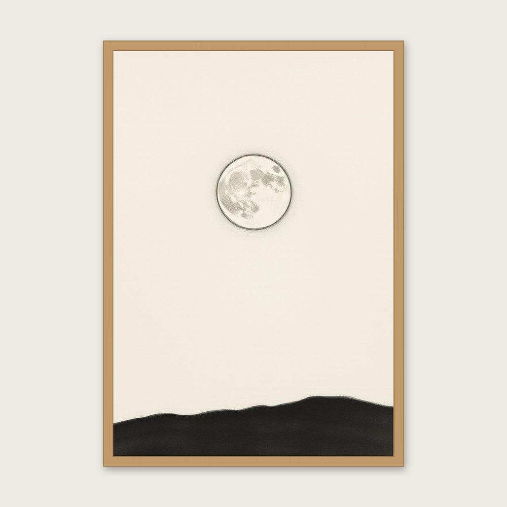 A Last Quarter Moon Charcoal Print - Framed Black & White Celestial Wall Art in a oak frame