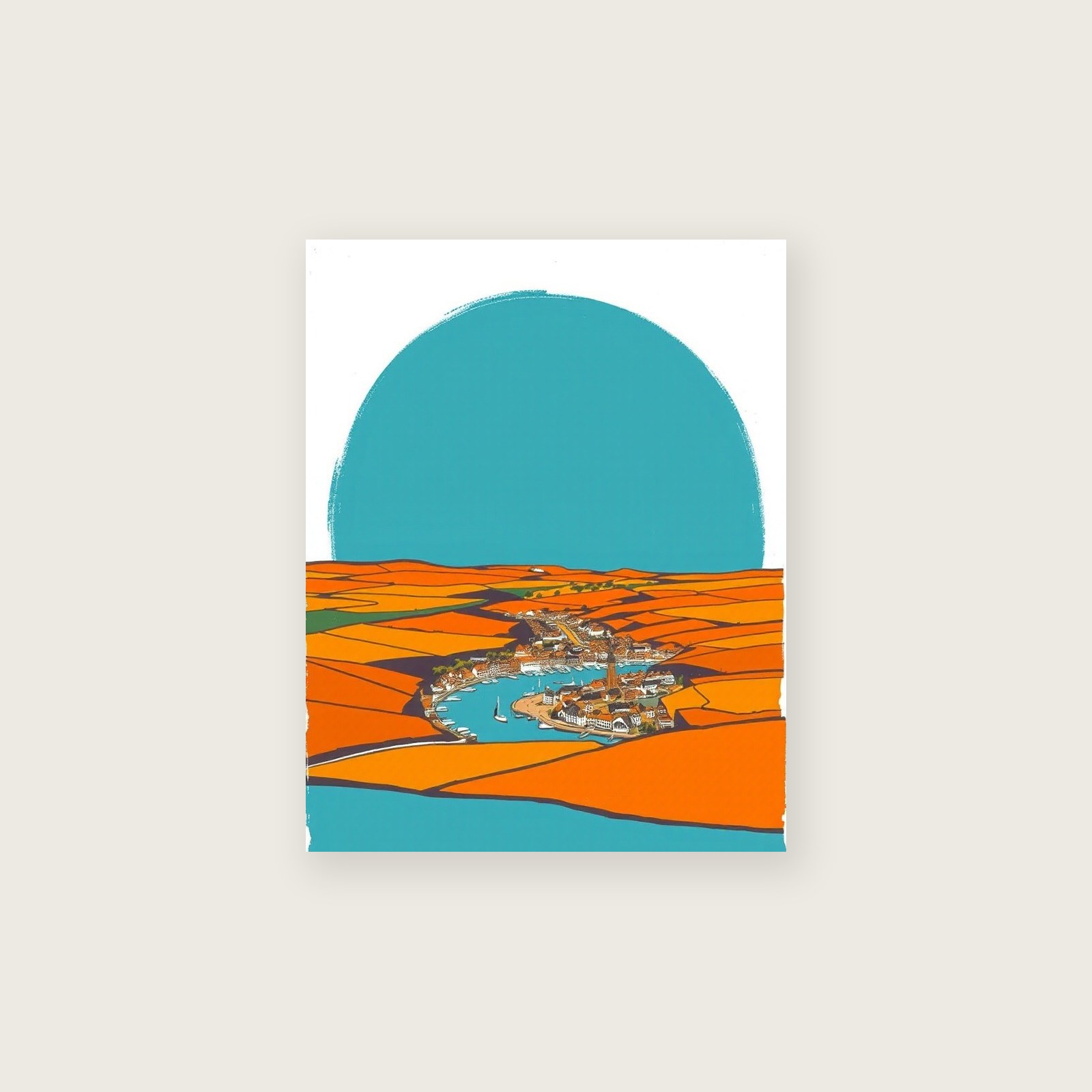 Looe Landscape Wall Art - Framed Bold Colour Gouache Print, unframed print