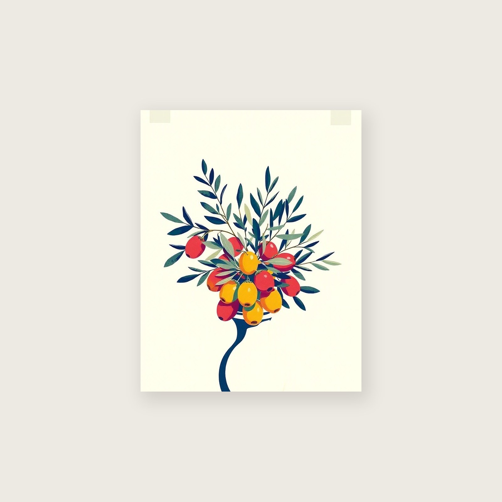 Olive Branch and Fruit Botanical Wall Art - Colourful Riso Print - Unframed Print, A3