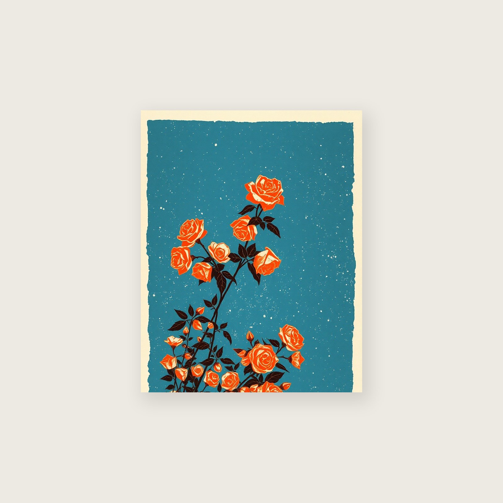 Climbing Rose Botanical Wall Art - Bold Colour Linocut Print - Unframed Print, A3