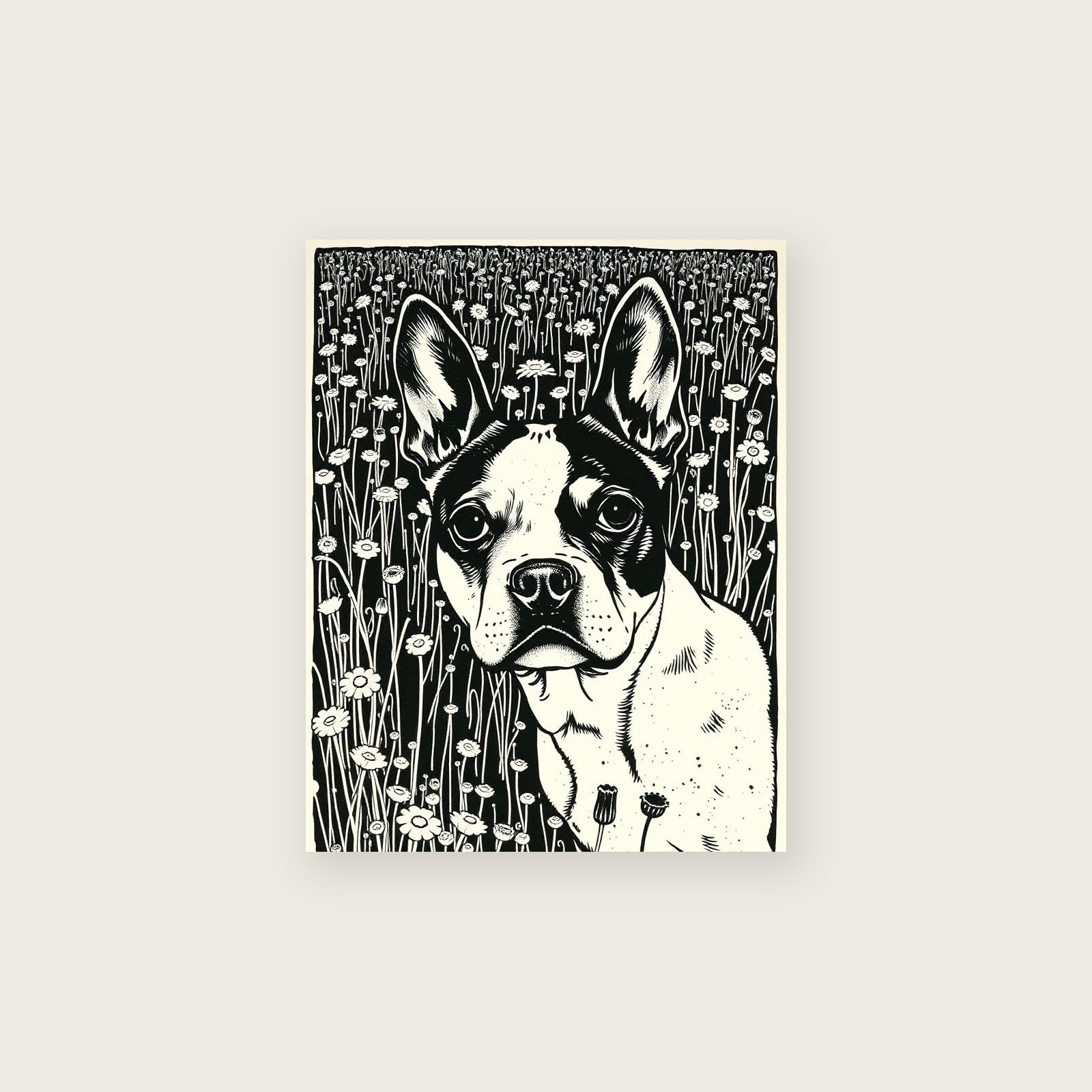 Boston Terrier - Framed Linocut Animal Print in Two Tone, unframed print